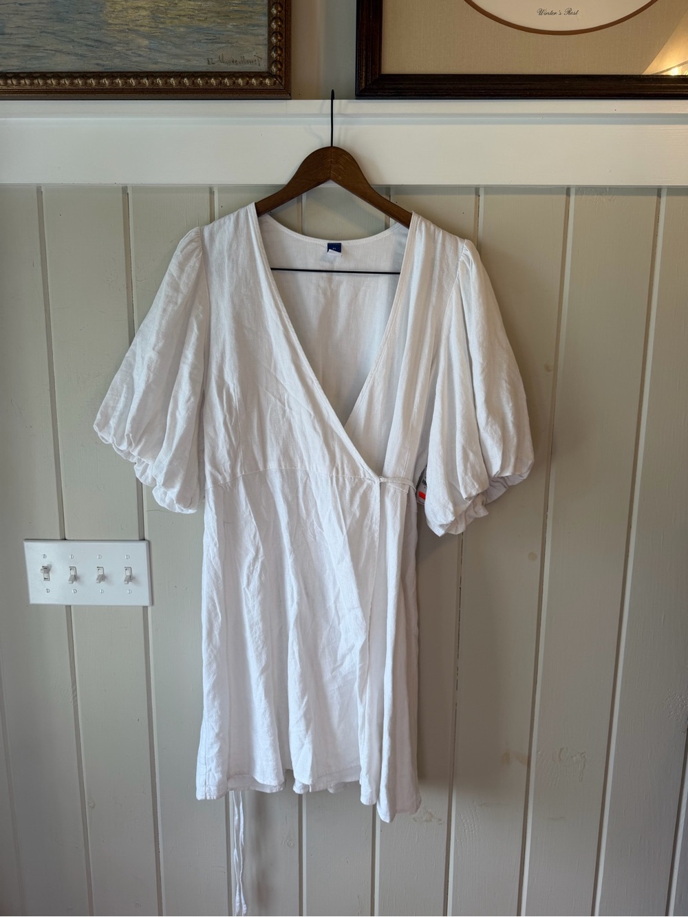 NWT Old Navy White V-Neck Wrap Dress with Puff Sleeves, Size XL